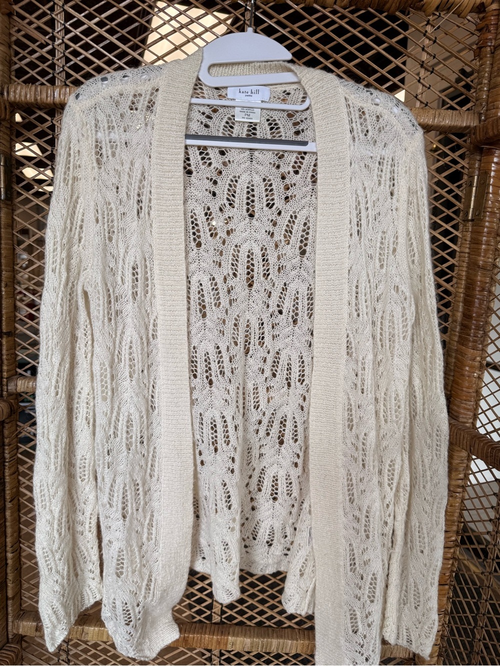 Kate Hill Petite Mohair Wool Open Front Lace Knit Cardigan Ivory Petite Medium